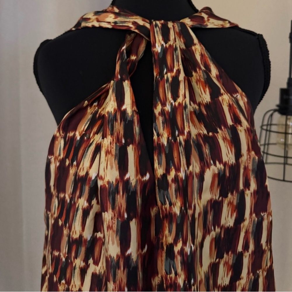 Joie Silk Halter Blouse Malta Cross Neck Red Orange Print Size M - Picture 3 of 8